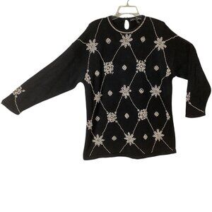 Vintage Work In Progress By Gladys Bagley Beaded Black Knit - Sweater Size 2X‎